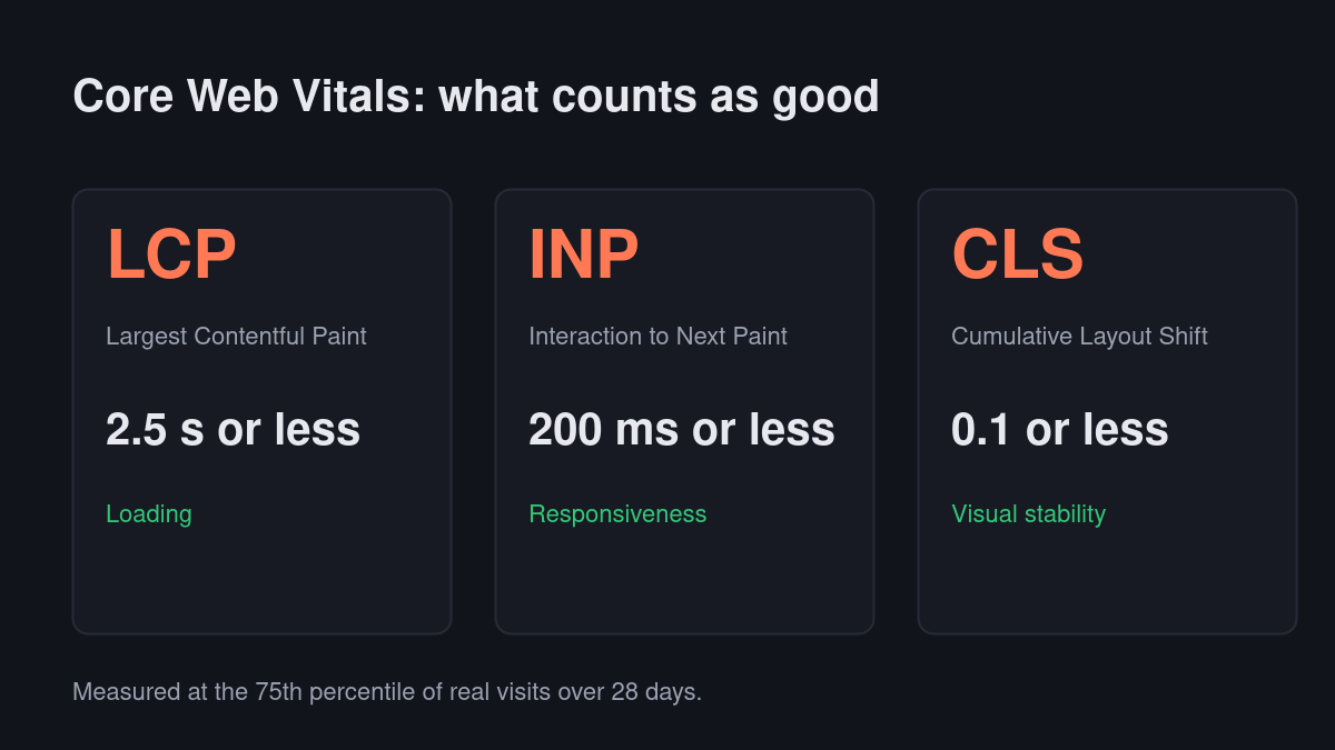 Core Web Vitals thresholds: LCP 2.5 seconds, INP 200 milliseconds, CLS 0.1