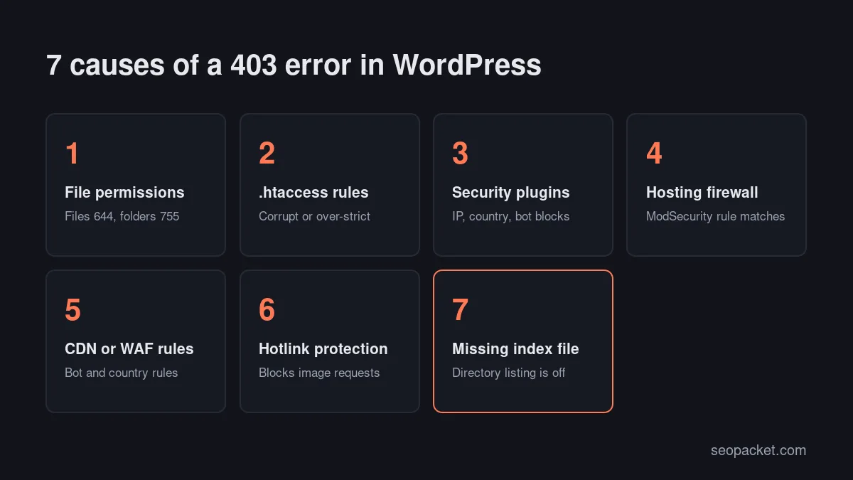 HTTP 403 causes in WordPress: file permissions, .htaccess rules, security plugins, hosting firewall, CDN or WAF rules, hotlink protection and a missing index file