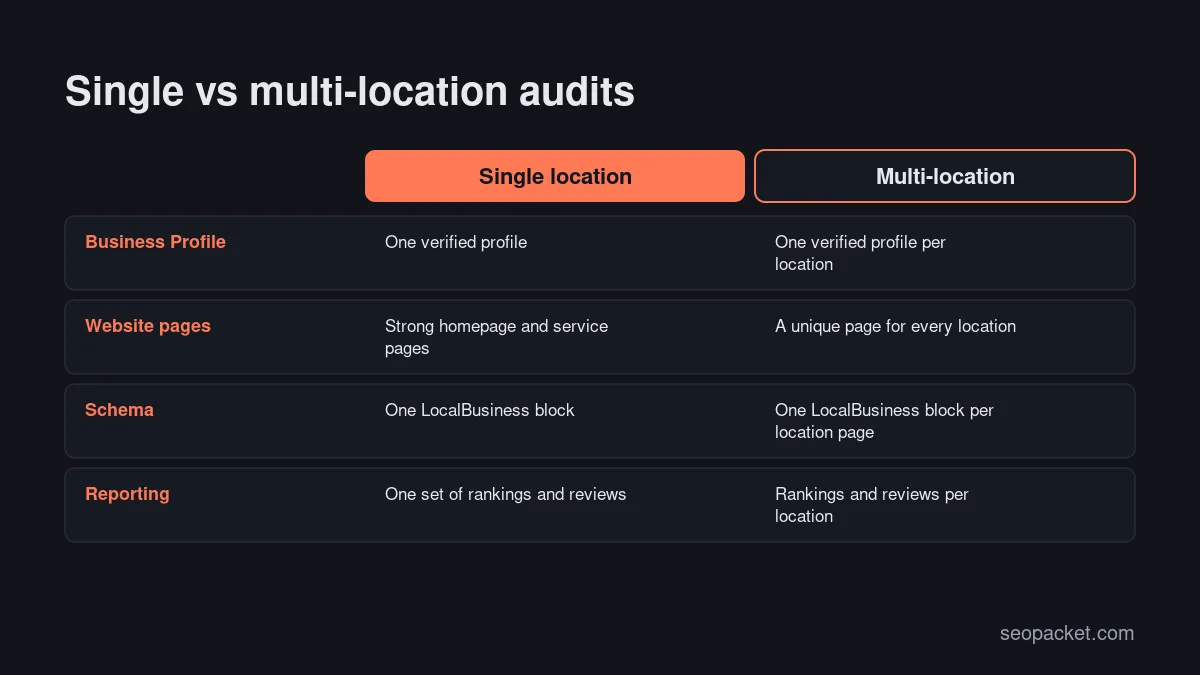 Local SEO audit comparison for single-location and multi-location businesses: profiles, website pages, schema and reporting