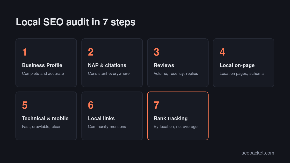 Local SEO audit steps: Google Business Profile, NAP citations, reviews, local on-page, technical and mobile, local links and local rank tracking
