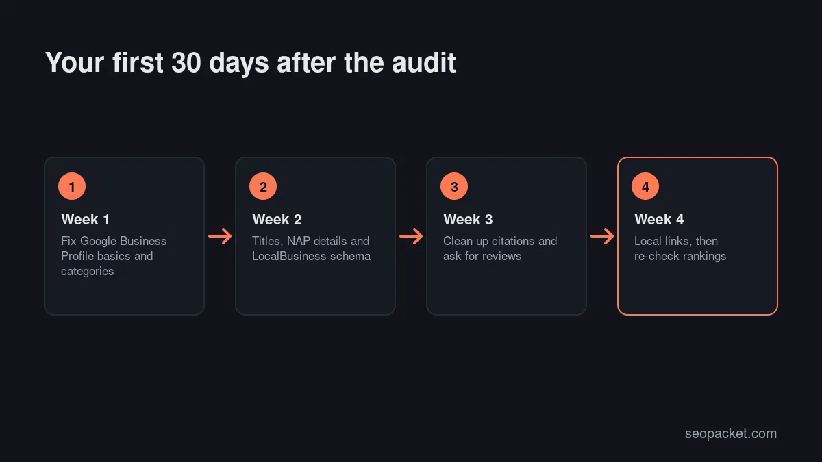 Local SEO checklist for the 30 days after a local SEO audit, week by week