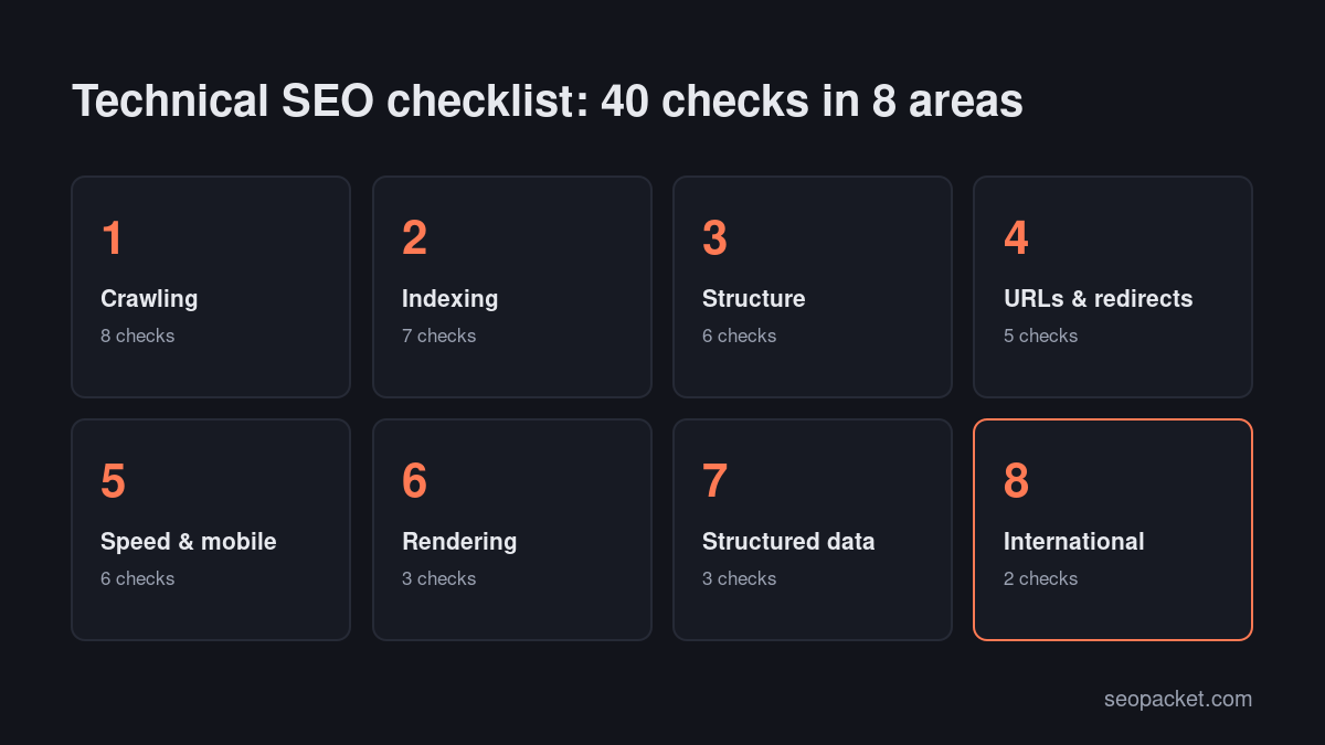 Technical SEO checklist overview: 40 checks across crawling, indexing, structure, redirects, speed, rendering, schema and international