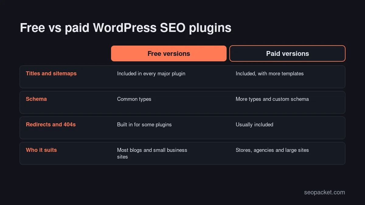 WordPress SEO plugins free vs paid comparison: titles and sitemaps, schema, redirects and who each version suits